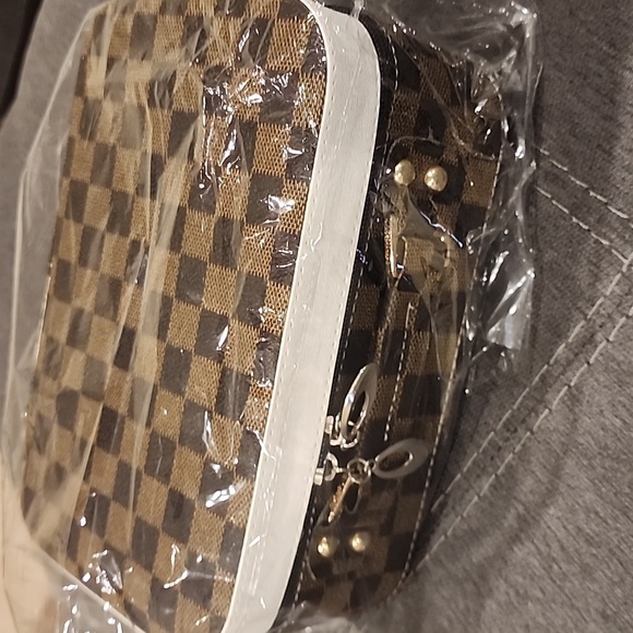 NEW Makeup Toiletry Case Bag With Mirror Brown Square Check...